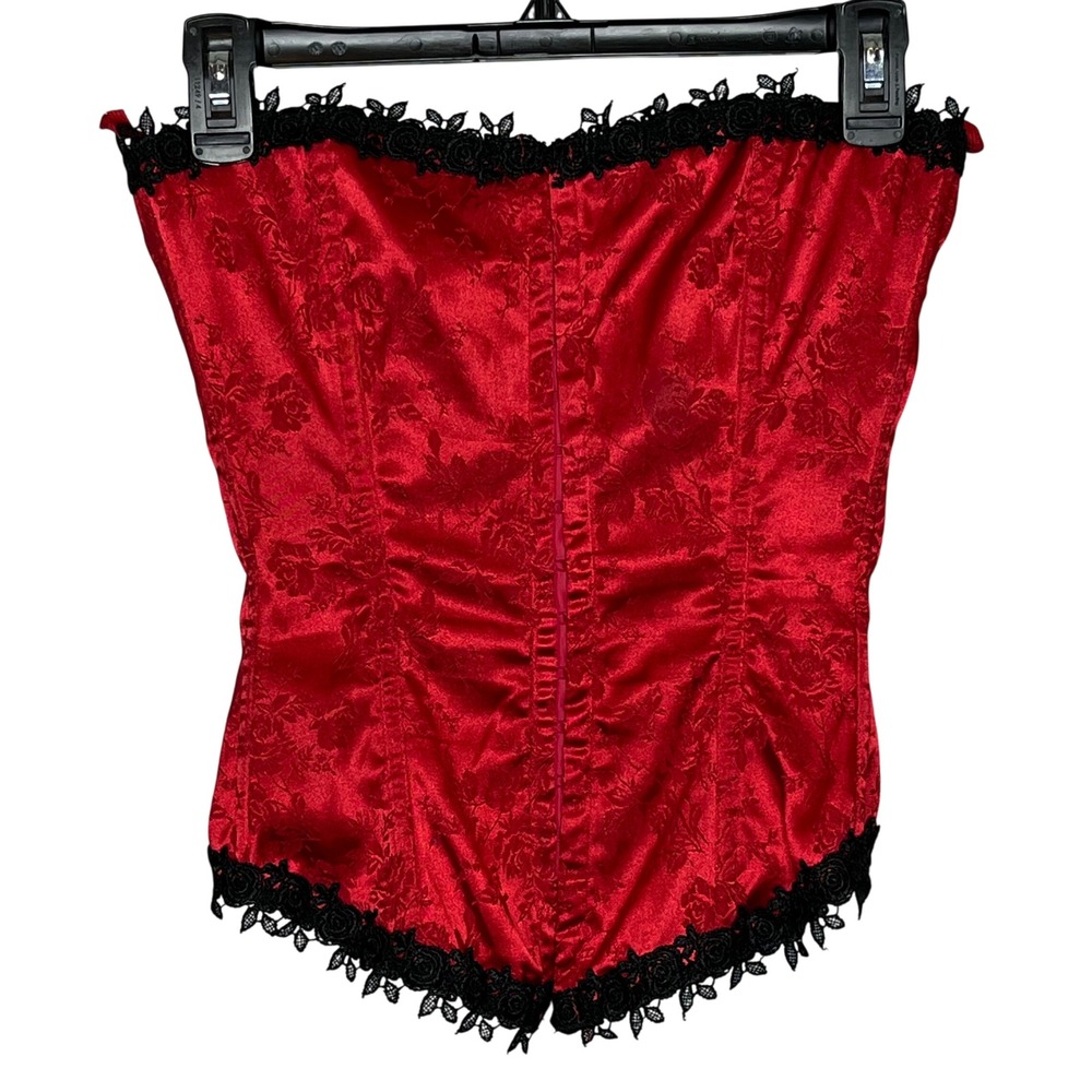 Floral‎ Brocade Corset Top Small Red Black Lace Up Sweetheart See Measurement
